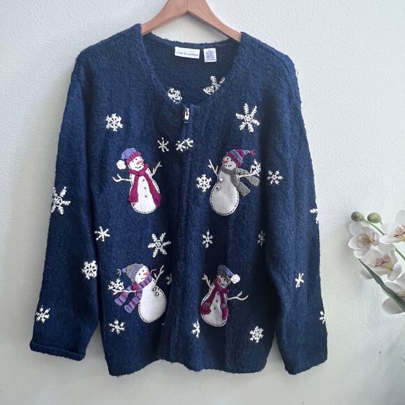 Vintage Christmas Snowman Blue Cardigan Sweater Silk Wool Knit Women's Size M - Picture 1 of 7